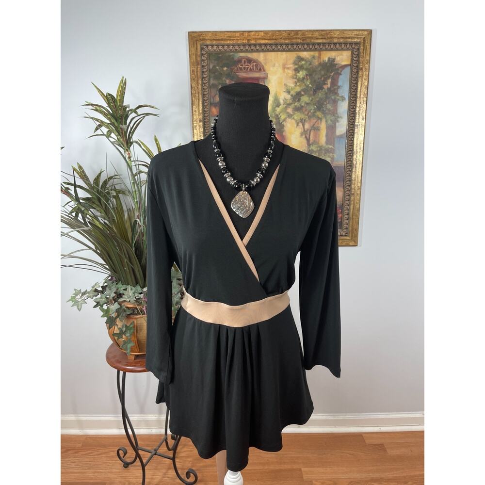 New York & Company Faux Wrap Tunic Top Womens L Black Sophisticated Minimalist